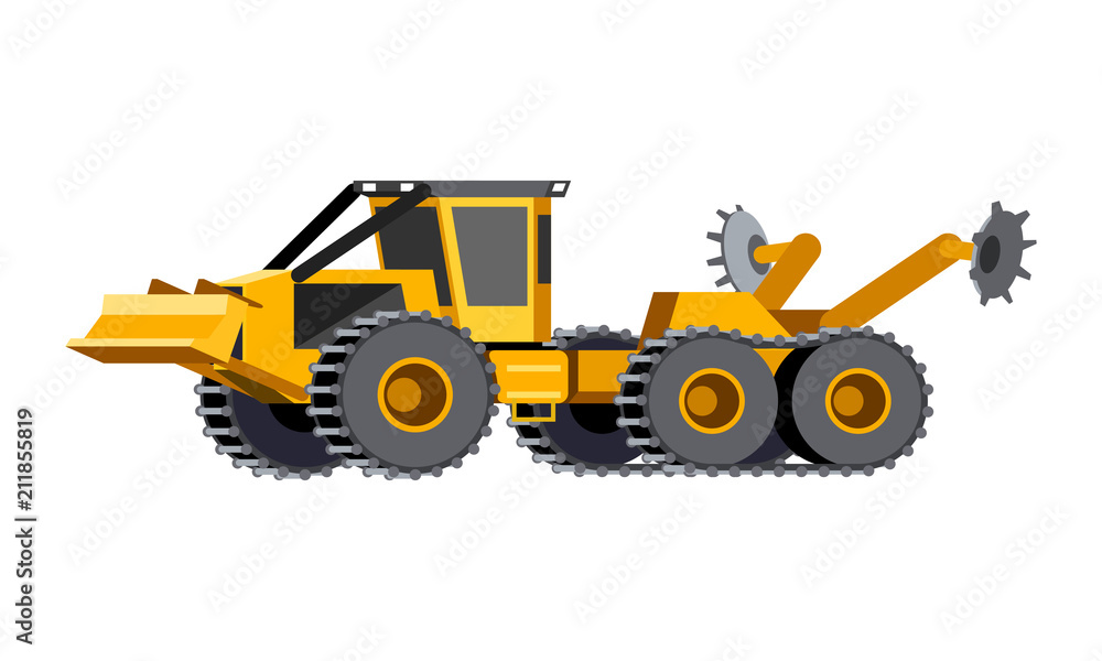 Minimalistic icon scarifier. Scarifier mounted on 6x6 articulated vehicle. Scarifiers are efficiently preparing the soil for planting. Modern vector isolated illustration.