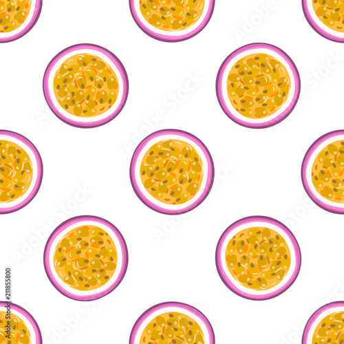 Seamless pattern with tropical fruits. Healthy dessert. Fruity background. Passion fruit. Exotic food. Wrapping, print on clothes, wallpaper, summer banner. Vector illustration, eps10