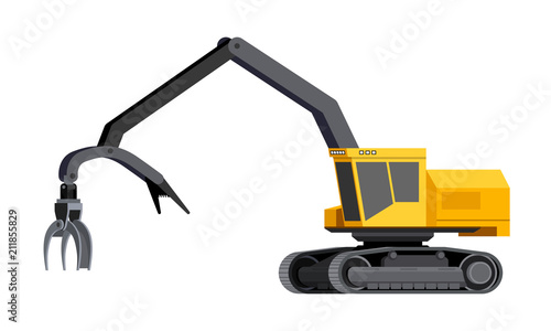 Minimalistic icon shovel loader. Tracked shovel log loader vehicle for worknig at forest area for sorting and loading wood pile. Modern vector isolated illustration.