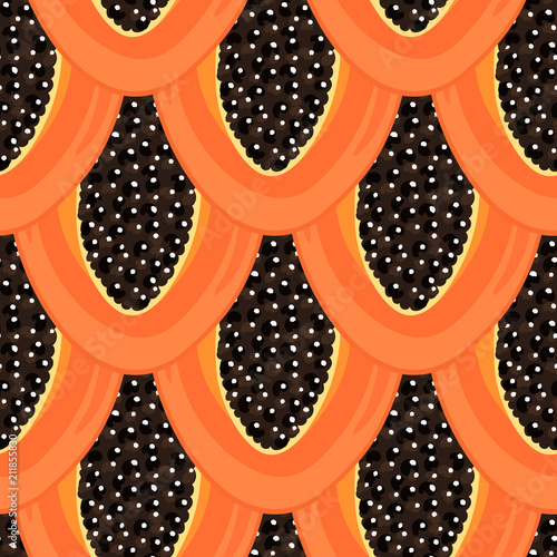 Seamless pattern with tropical fruits. Healthy dessert. Fruity background. Carica papaya. Exotic food. Wrapping paper, print on clothes, wallpaper, summer banner. Vector illustration, eps10