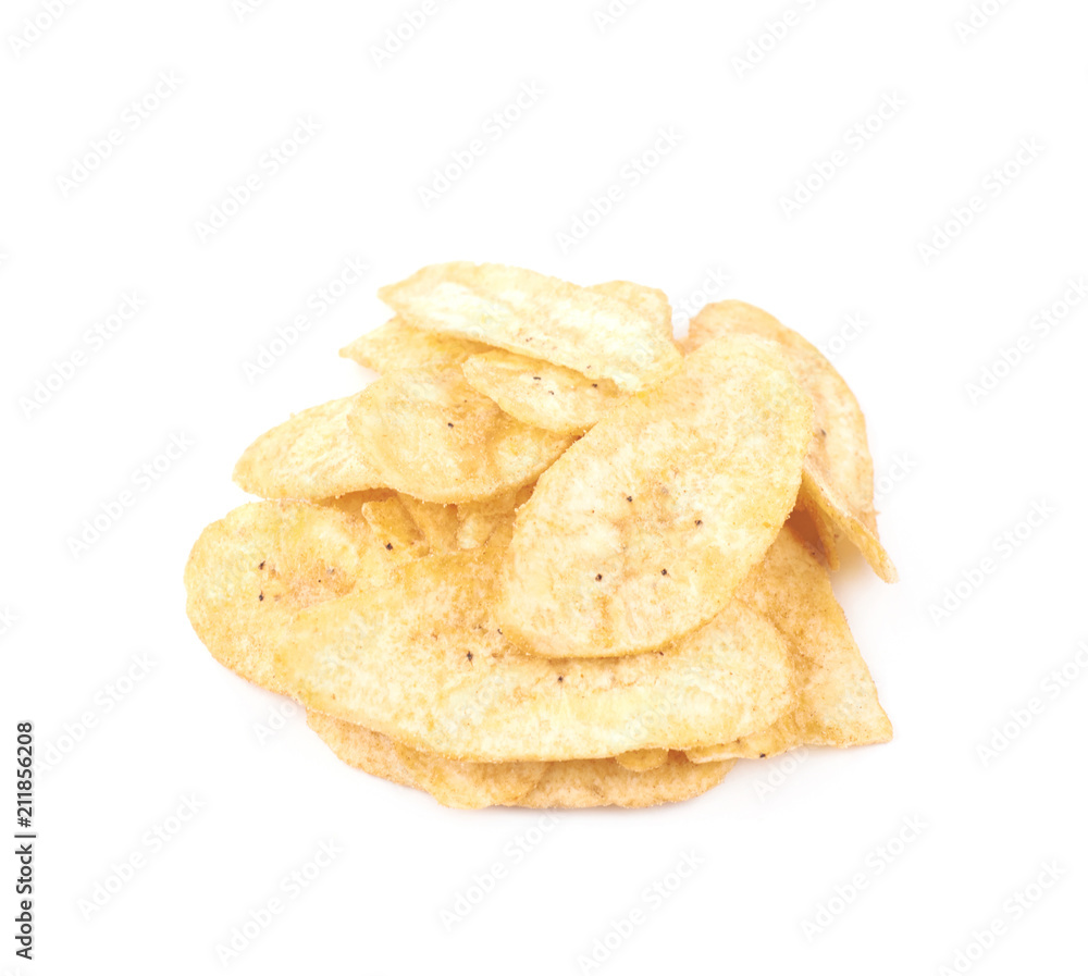 Pile of spiced banana chips isolated