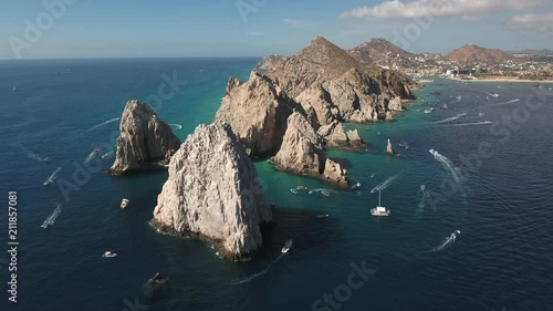 Aerial shot of El Arco arch. Cliffs and rocks - Cabo San Lucas, Mexico