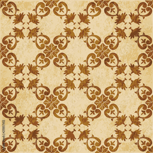 Retro brown cork texture grunge seamless background curve spiral check cross leaf frame flower