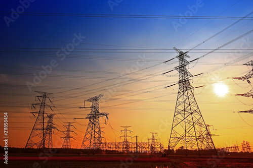 Electric tower, silhouette at sunset