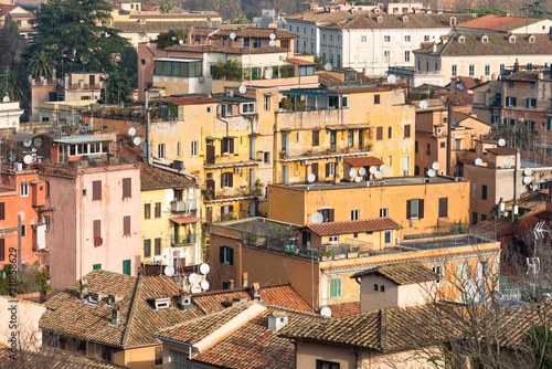 Old colourful residential housing seen from Janiculum Hill, Rome, Lazio