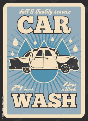 Car wash service vector retro poster