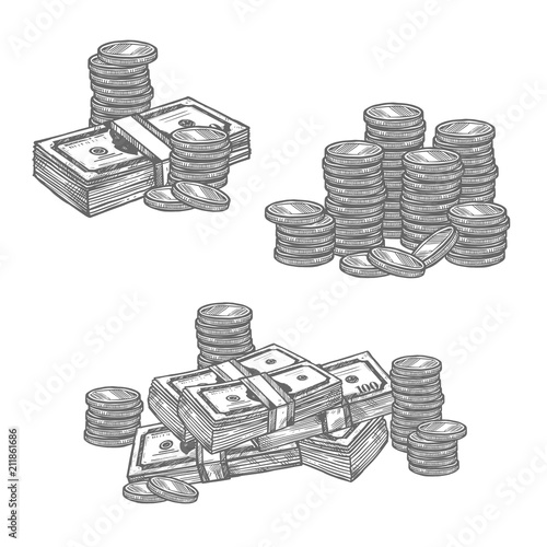 Dollar banknotes or cent coins vector sketch icons