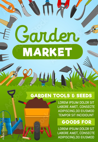 Gardening tool banner with agriculture equipment