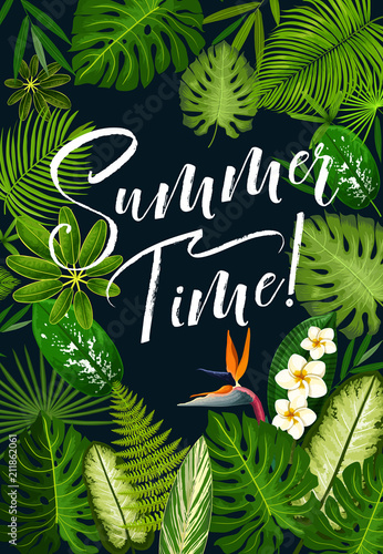 Summer holidays banner of tropical palm and flower