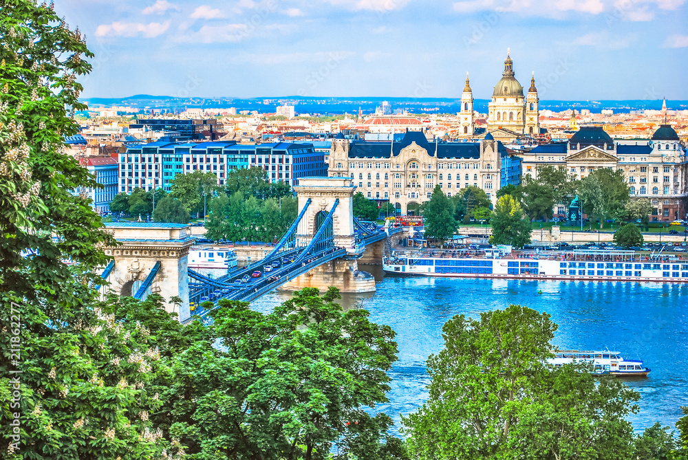Panorama of the Liberty Bridge and the River Danube in Budapest in Hungary on a sunny day.