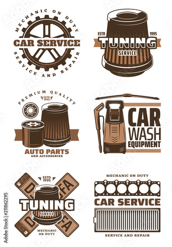 Car service, repair shop retro icon with auto part