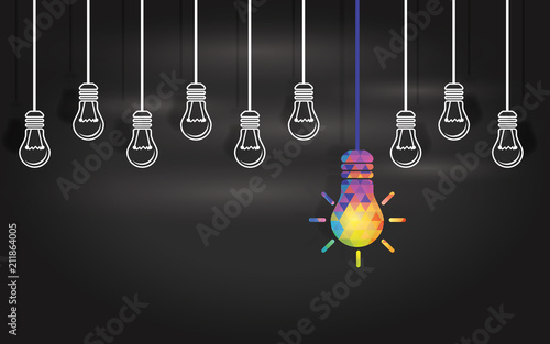 Light bulbs on a blackboard background. Human resources concept, recruiting eople with new ideas, thinking outside the box. Strategy and leadership. Planning and organization in new business.