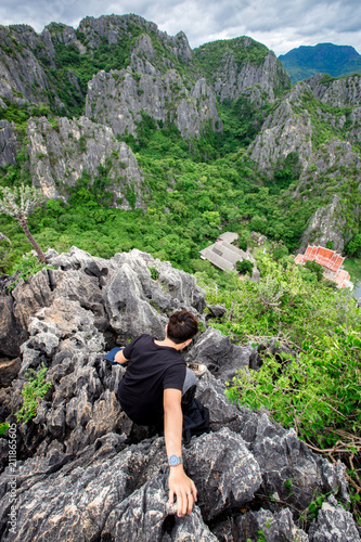 Male travelers The beauty of the surrounding  Khao Daeng viewpoint   which is located in Prachuap Khiri Khan  Thailand  is a tourist attraction to visit the beauty of the journey.