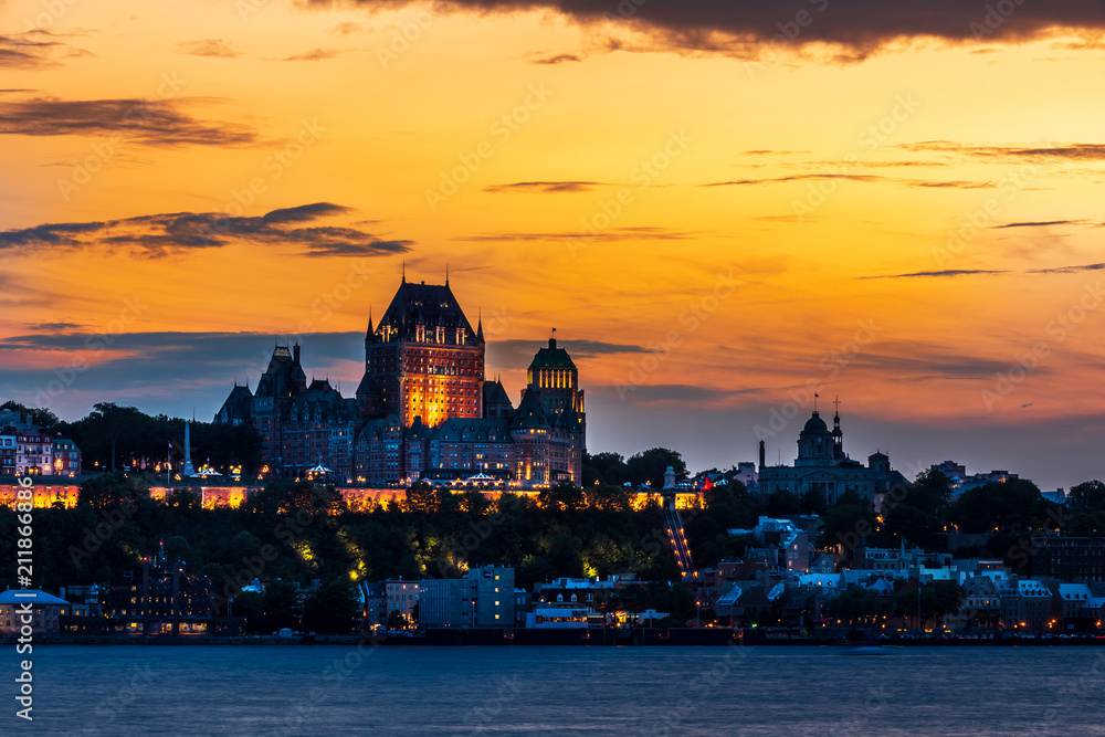 Skyline of Quebec City at sunset seen from Lévis.