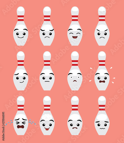 Cute Bowling Pin Cartoon Emotion faces Vector Illustration
