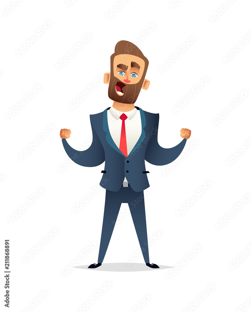 Successful charming businessman character celebrates victor. Business men rejoice in success. Successful charming businessman character celebrates victor. Business men rejoice in success.
