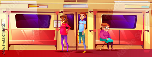 People in subway train vector illustration. Pregnant girl standing, elderly old woman and handicapped teen boy with crutch in metro for vulnerable people or social issue concept
