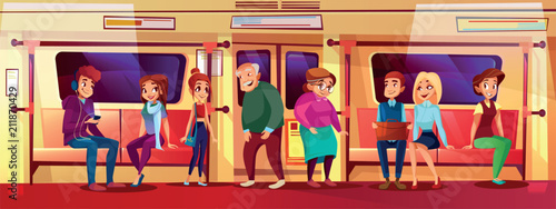 People in subway vector illustration of young boys and girls not giving seat place for elderly old man and woman standing in metro and holding by handhold in crowded train for social issue concept.