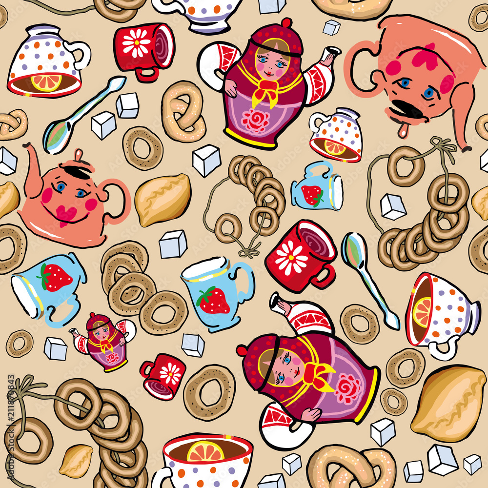 Bright seamless texture on a theme of Russian tea drinking, light background