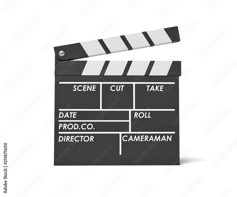 3d rendering of a single black clapperboard with empty fields for movie name and staff.