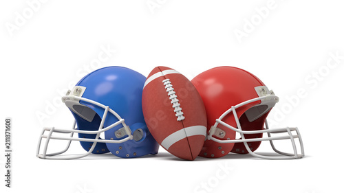 3d rendering of an oval American football ball between two helmets of different colors.