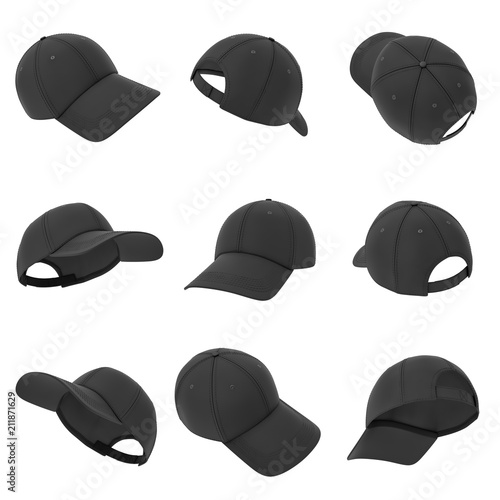 3d rendering of many black baseball caps hanging on a white background in different angles.