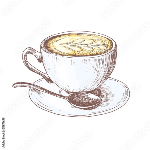 Sketch cup of coffee latte with saucer illustration, capuccino silhouette drawing, colorful draft on white background. Delicious vintage etching food design.