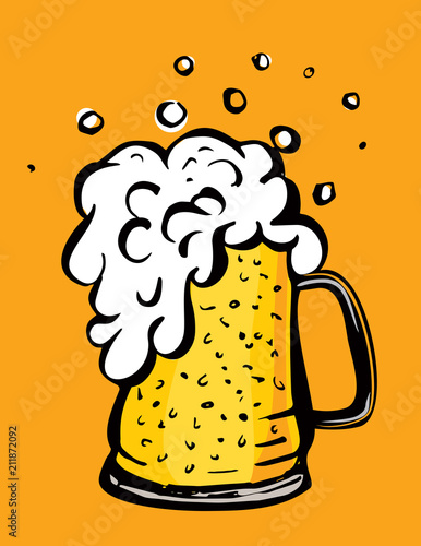 Color vector image of a beer mug. Drink with a lot of foam. Draft beer. Cartoon image.