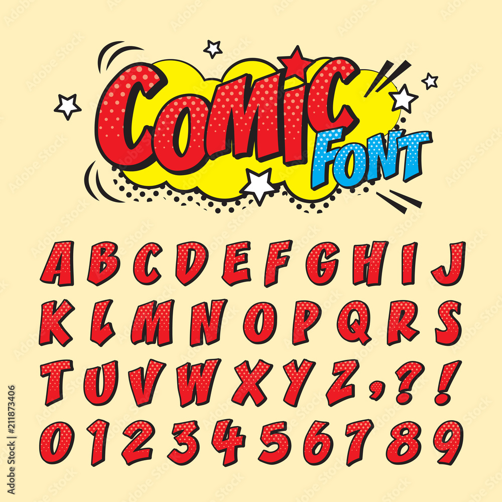 Comic retro font set. Alphabet letters & number in style of comics, pop art  for title, headline, poster, comics, or banner design. Cartoon typography  collection. Stock Vector | Adobe Stock