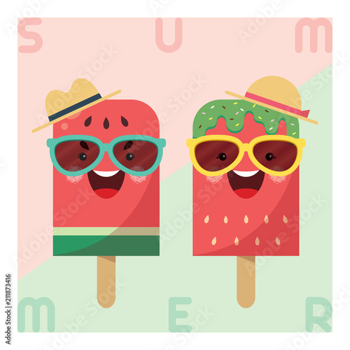 Fruit popsicle - watermelon & strawberry. Cute cartoon popsicle wearing sun glasses and hat. Minimal summer flat vector.