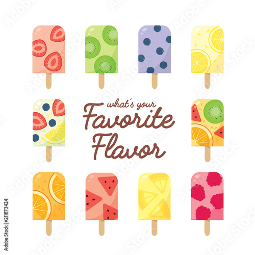 Set of various fresh homemade fruit popsicles isolated on white background. Healthy summer ice pop.