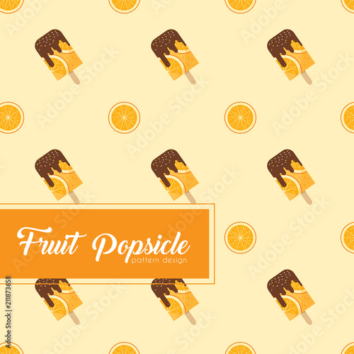 Orange popsicle pattern design for print, wallpaper, wrapping paper, packaging or fabric. Healthy fruit popsicle with chocolate cream, jimmies sprinkles topping on orange background.