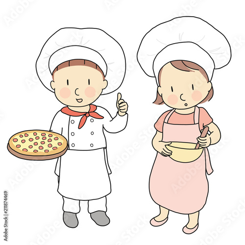 Vector illustration of kid professions, pizza chef & cook. What I want to be when grow up. Children occupations costume. Childhood development, education & learning concept. Cartoon character drawing.