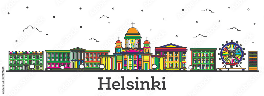 Outline Helsinki Finland City Skyline with Color Buildings Isolated on White. Vector Illustration. Helsinki Cityscape with Landmarks.