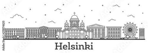 Outline Helsinki Finland City Skyline with Historic Buildings Isolated on White.