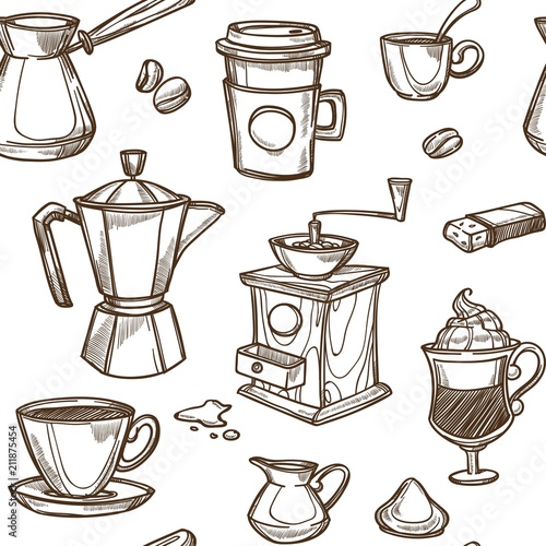 Coffee makers vector sketch retro pattern