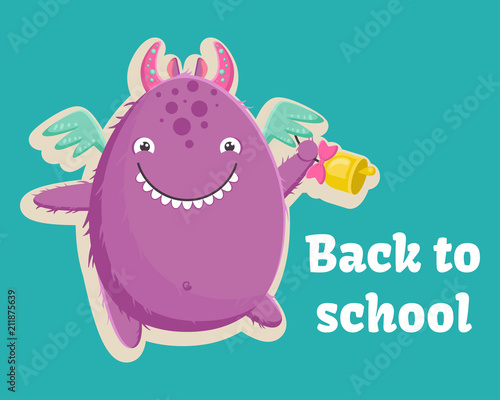 Cute little purple monster is ready for the first day of school with a bell in his paw. Vector illustration. photo
