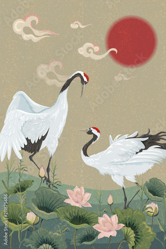 ilustracja-z-japonskimi-zurawiami-i-lotosami