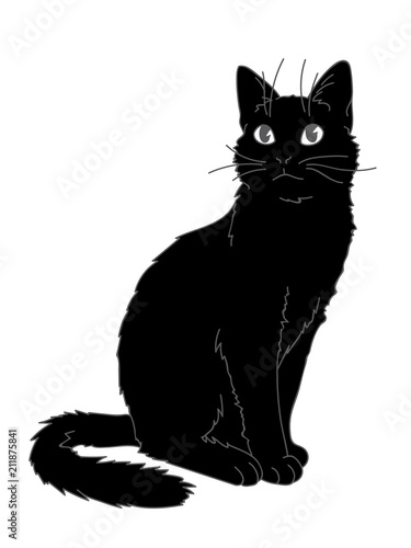 Cute realistic cat sitting. Vector illustration of kitty looking up. Grey lines, black figure on white background. Element for your design, print, sticker. Fluffy black cat in simple sketch style.