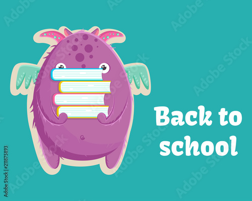 Cute little purple monster is ready to back to school with a books. Vector illustration. photo