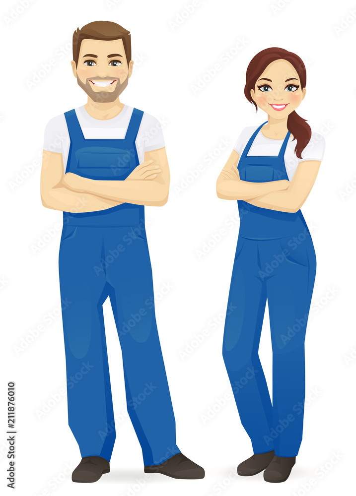 Man and woman in blue overalls Man and woman in blue overalls