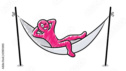 Pinkes grinsendes Männchen entspannt mit verschränkten Armen in einer Hängematte / Schraffierte Vektor-Zeichnung