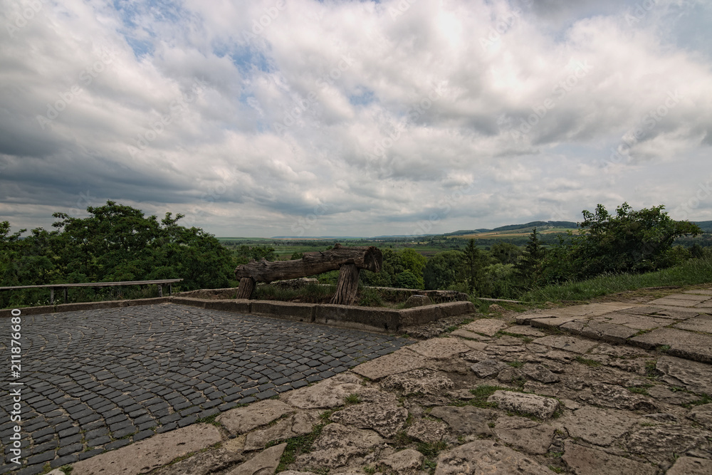 Landscape view from the hill where is located ancient Olesko castle. Lviv region in Ukraine. Cloudy summer day