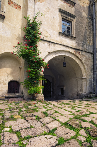 View of gate in ancient Olesko castle. Courtyard in castle. Lviv region in Ukraine. Cloudy summer day