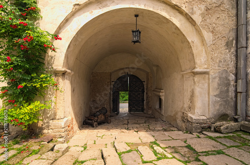 View of gate and old cannon near the enterance in ancient Olesko castle. Courtyard in castle. Lviv region in Ukraine. Cloudy summer day