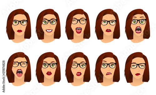 Woman with glasses facial expressions, gestures, emotions happiness surprise disgust sadness rapture disappointment fear surprise joy smile despondency. Cartoon icons set isolated. Vector illustration