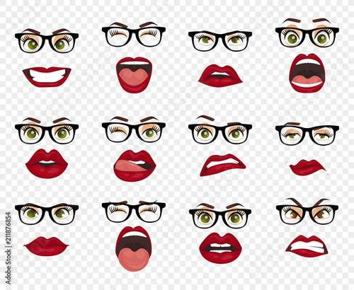 Comic emotions. Woman with glasses facial expressions, gestures, emotions happiness surprise disgust sadness rapture disappointment fear surprise joy smile despondency. Cartoon icons big set isolated.