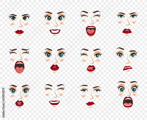 Comic emotions. Women facial expressions, gestures, emotions happiness surprise disgust sadness rapture disappointment fear surprise joy, smile cry coquetry cute mouth. Cartoon icons big set isolated.