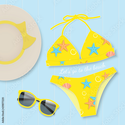 Yellow bikini with sunglasses summer vector concept.