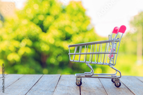 A mini shopping cart on wooden table with nature background.